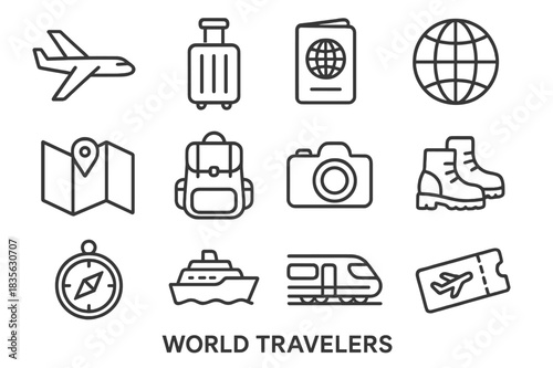 World Traveler Icons. World Travelers. Line icon set of World Travelers: airplane, suitcase, passport, globe, map, backpack, camera, hiking boots, compass,
