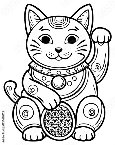 Lucky Cat Maneki Neko Illustration in Black and White