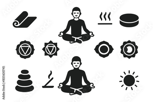Yoga Icon Collection. Spiritual Pose. Solid icon set of person sitting cross-legged, lotus position, hands on knees, calm face, closed eyes, yoga mat, cushion,