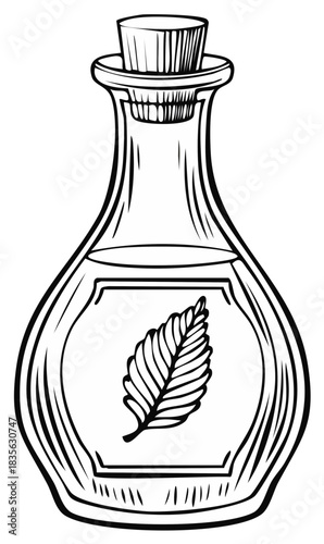 Hand drawn illustration of a vintage potion bottle with a leaf symbol and cork stopper