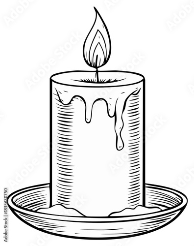 Burning candle illustration with dripping wax and saucer
