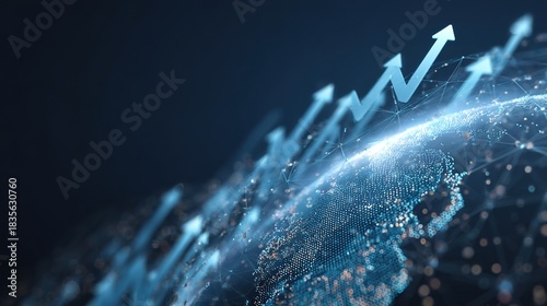 Global Growth Trajectory: An abstract visual of the globe intertwined with ascending arrows, symbolizing global economic growth, expansion, and positive trends in a dynamic and futuristic aesthetic.