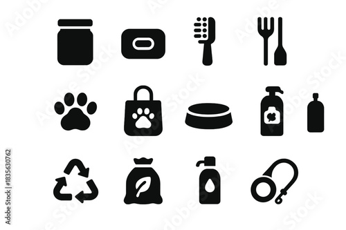 Zero Waste Pet Icons. Zero Waste Pet Care. Solid icon set of Zero Waste Pet Care: jar, soap bar, brush, bamboo utensil, paw print, fabric bag, bowl, shampoo