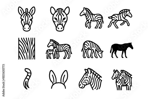 Zebra Icon Set. Zebra Head Icons. Line icon set of Zebra Head Icons: zebra head, zebra face close-up, standing zebra, running zebra, zebra stripes pattern,