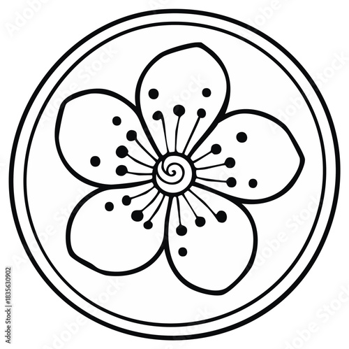 Floral Motif in a Circular Emblem: Graphic Design Featuring a Five-Petaled Blossom