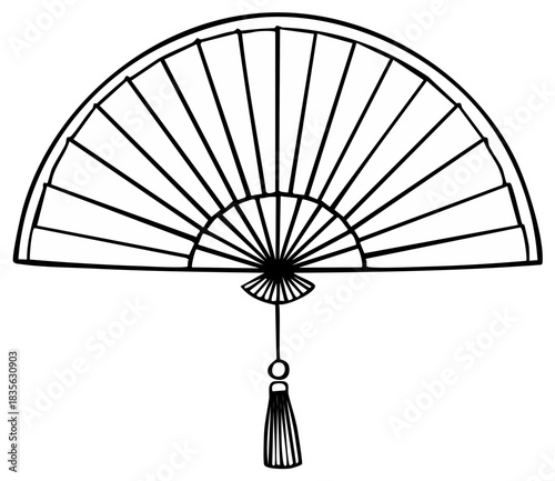 Open Asian folding fan with a hanging tassel, simple black and white line art illustration