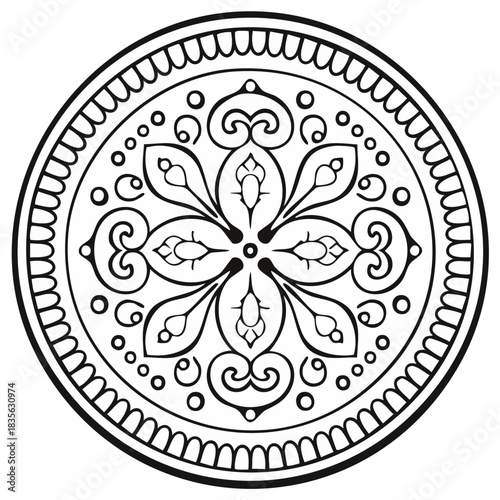 Intricate black and white floral mandala design, a circular decorative pattern for meditation or coloring book