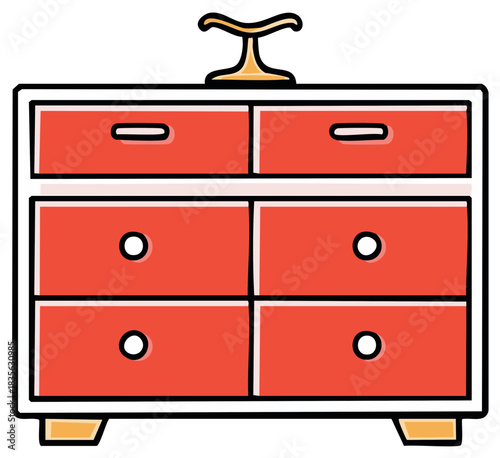 Vintage red chest of drawers illustration with six drawers and decorative top piece