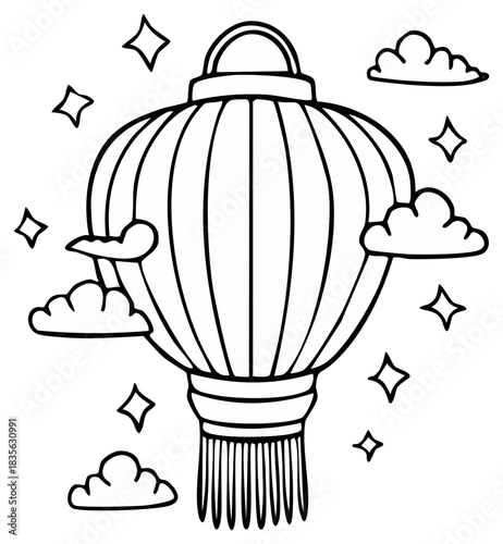 Line art traditional lantern with clouds and stars for celebration and decoration