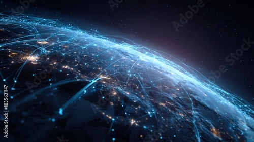 Global Network: A mesmerizing view of Earth, encircled by a glowing network representing global connections and technological advancements. A visual representation of the interconnected world.