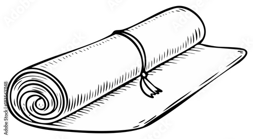 Rolled-up scroll with a tied ribbon, illustration in black and white