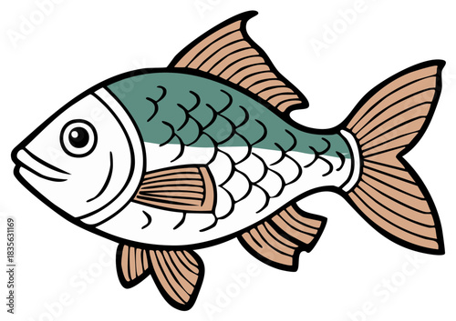 Stylized graphic illustration of a fish with green scales and beige fins