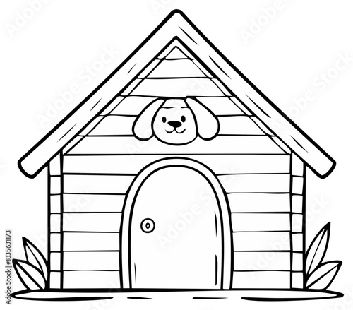 Dog house illustration with roof, front door, animal face and leaves for coloring books