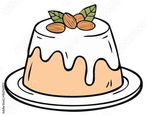 Dessert Pudding Topped with Almonds and Glaze Cartoon Style on Plate