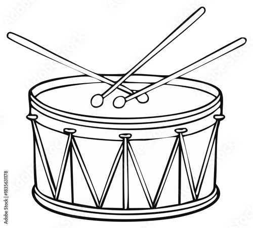 Outline illustration of a marching drum with drumsticks on top
