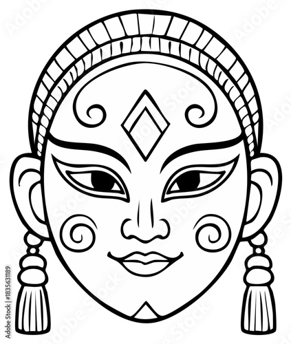 Stylized graphic illustration of a theatrical mask with intricate details