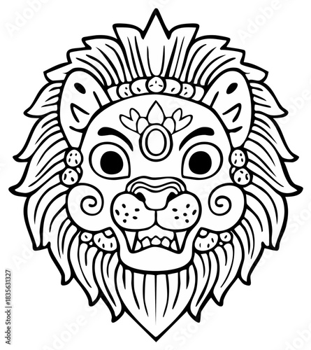 Traditional Asian lion head illustration or mythical foo dog mask in a black and white line art style