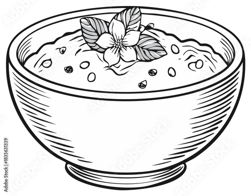 Hand drawn vector illustration of a healthy meal in a bowl with a flower garnish in sketch style