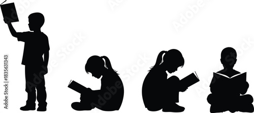 Silhouette children reading books indoors and outdoors, educational activity, learning concept, kids studying in different poses, literature, childhood development illustration
