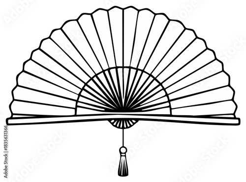 Elegant open folding hand fan with decorative tassel in clean black outline illustration