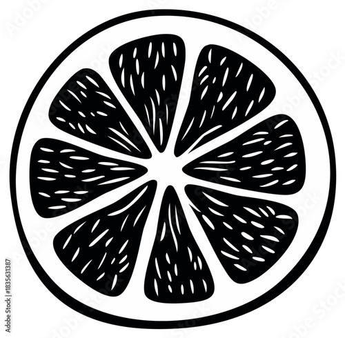 Stylized black and white illustration of a citrus fruit slice with visible segments and pulp details