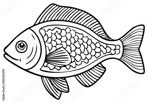 A simple black and white fish illustration with detailed scales. Outline drawing for coloring book page or logo.