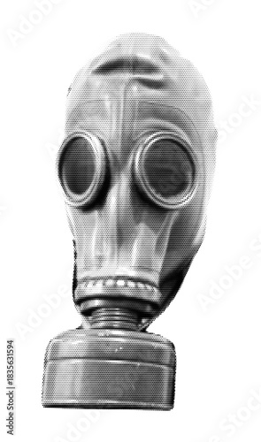 Cut out vintage gas mask isolated on transparent  background. Halftone gas mask vector illustration. Retro dotted bitmap grunge punk protective respirator collage element for mixed media design