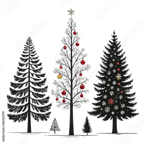 Vector illustration set of green pine and fir Christmas trees with snow for a winter holiday decoration on a forest landscape