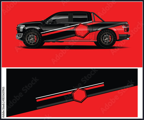 Truck wrap design with abstract geometric shapes and vibrant red background