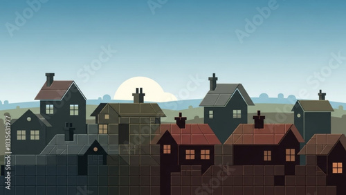 Serene abstract landscape of houses under a bright sky, perfect for adding a peaceful touch to your designs or presentations with a modern aesthetic.