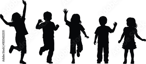 Silhouettes of active children running, jumping and playing with raised arms, expressing joy, energy, happiness, freedom, childhood fun, movement and playful emotion