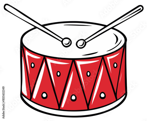 Vibrant red marching drum with drumsticks ready to play a festive beat