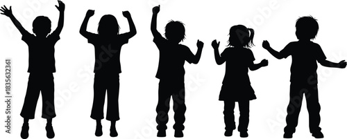 Silhouettes of cheerful children raising arms and celebrating in joyful poses, representing happiness, energy, excitement, childhood fun, playfulness and positive emotion