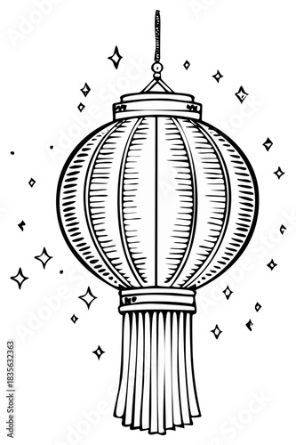 Black and white hand drawn sparkling Asian paper lantern with tassel sketch illustration