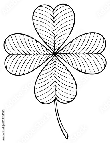 Black and white stylized four leaf clover illustration with leaf vein details