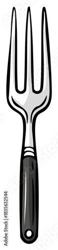 Cartoon style three tined dining fork kitchen utensil with dark handle isolated illustration