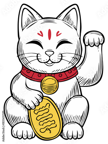 Traditional Japanese Lucky Cat Maneki Neko Waving Paw Smiling White Feline Holding Gold Coin for Good Fortune