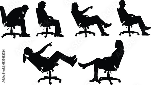 Silhouettes of men and women sitting in office chairs in various poses, illustrating workplace behaviour, thinking, pointing, relaxing, professionalism and business actions