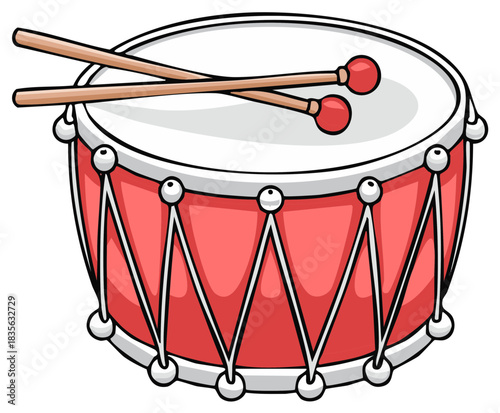 Red drum with wooden sticks, musical instrument, drawing with vibrant color and cartoon style.
