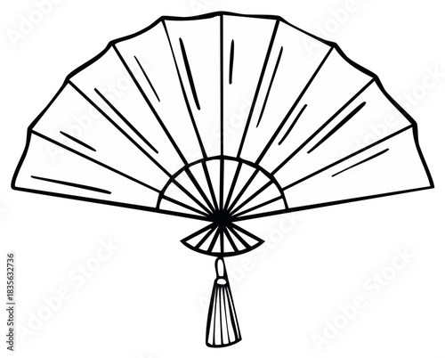Hand drawn illustration of a traditional folding fan with a tassel. Black and white line art sketch.