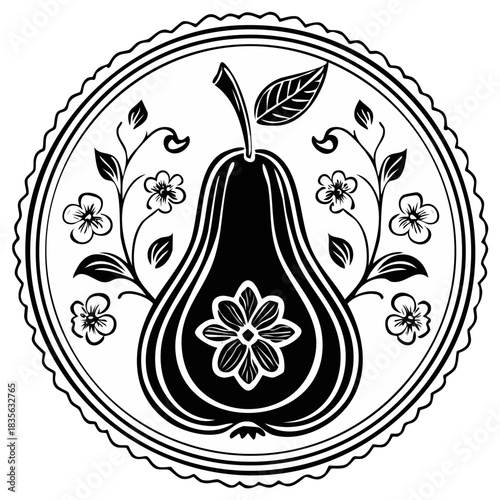 Stylized Folk Art Pear with Flowers and Vines in a Decorative Round Frame