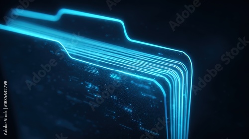 Digital Dossier: A luminous blue digital folder showcases data storage and information, embodying modern technology and cybersecurity.