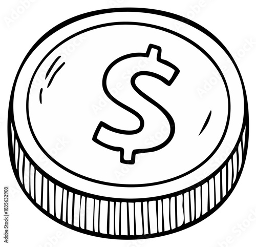 Isolated dollar coin icon hand drawn in black and white line art style