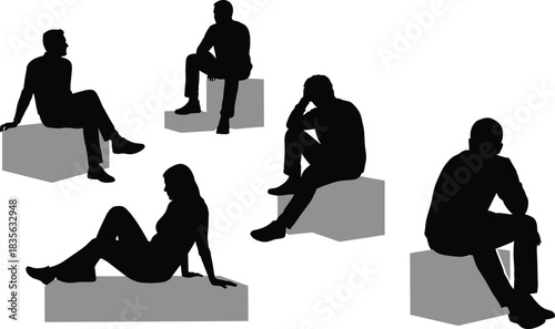 Silhouettes of people sitting on blocks in relaxed and thoughtful poses, versatile figure reference illustration for design, posture studies, modeling and creative projects