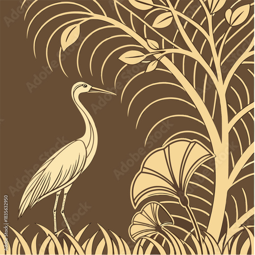 Elegant Crane in Tropical Foliage