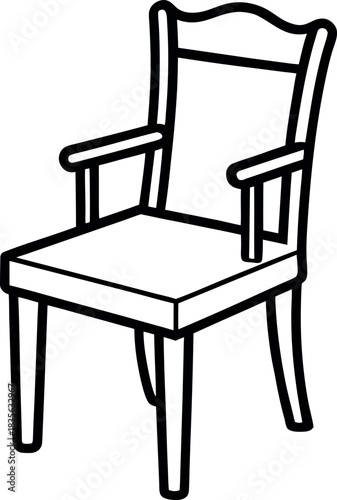 Black and White Line Drawing of Traditional Wooden Chair with Decorative Backrest and Armrests