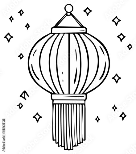Hand drawn festive paper lantern outline illustration with sparkling light elements