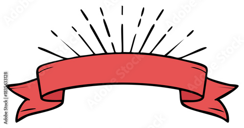 Hand Drawn Red Ribbon Banner with Sunburst Lines Decorative Graphic Element Celebration