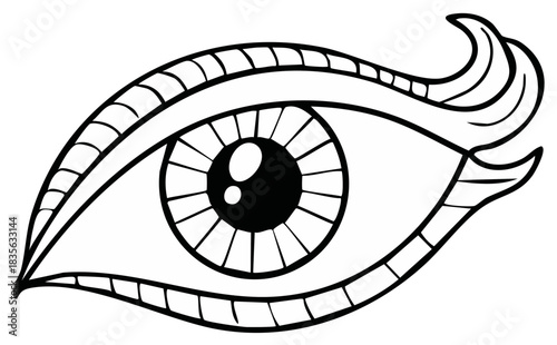 Line art illustration of stylized human eye with geometric iris and decorative eyelashes