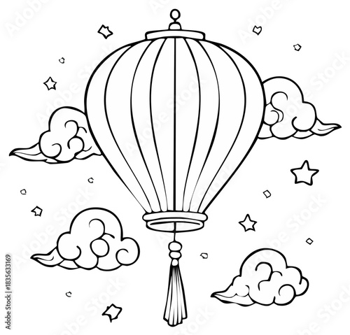 Coloring page illustration of a festive Asian paper lantern floating in a magical night sky with clouds and stars
